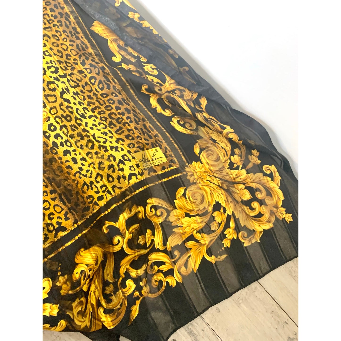 Vintage Kathie Lee Italy Scarf Baroque Leopard Print Black Gold Sheer Square Glam