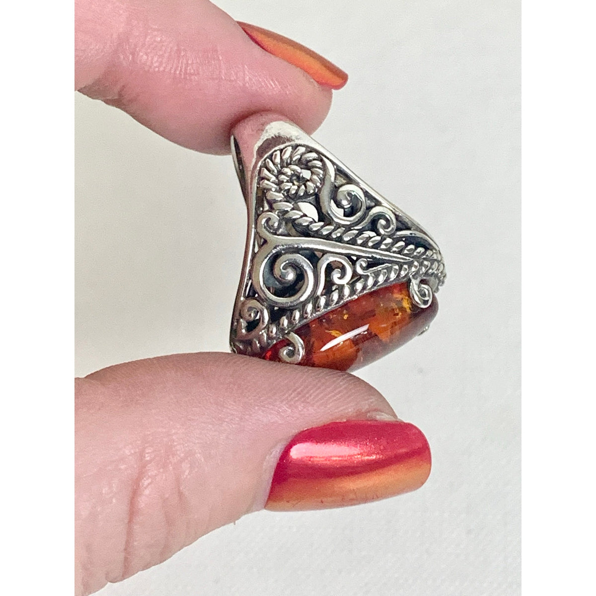Vintage Sterling Silver Amber Ring Ornate Filigree Statement Jewelry 925 Boho Southwestern