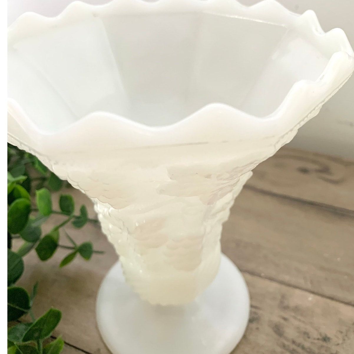 Anchor Hocking Vintage Pair White Milk Glass Grape Vine Pedestal Vases Cottage