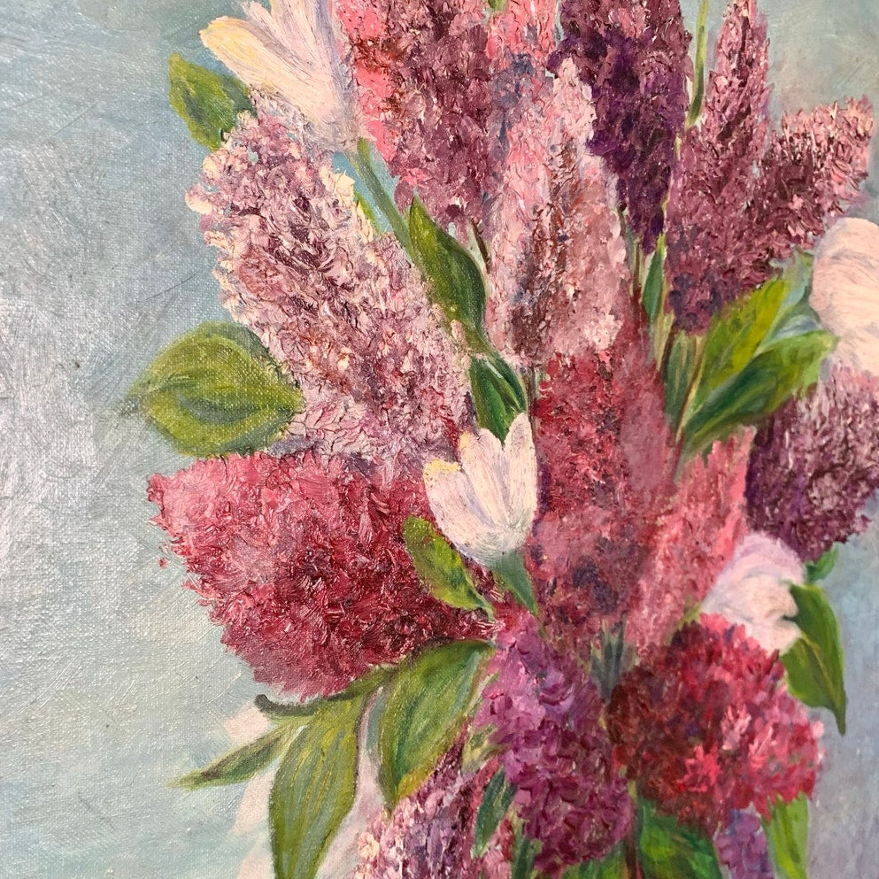 1963 Oil Painting Lilacs in Red Vase by M. Wilson Vintage Floral Still Life