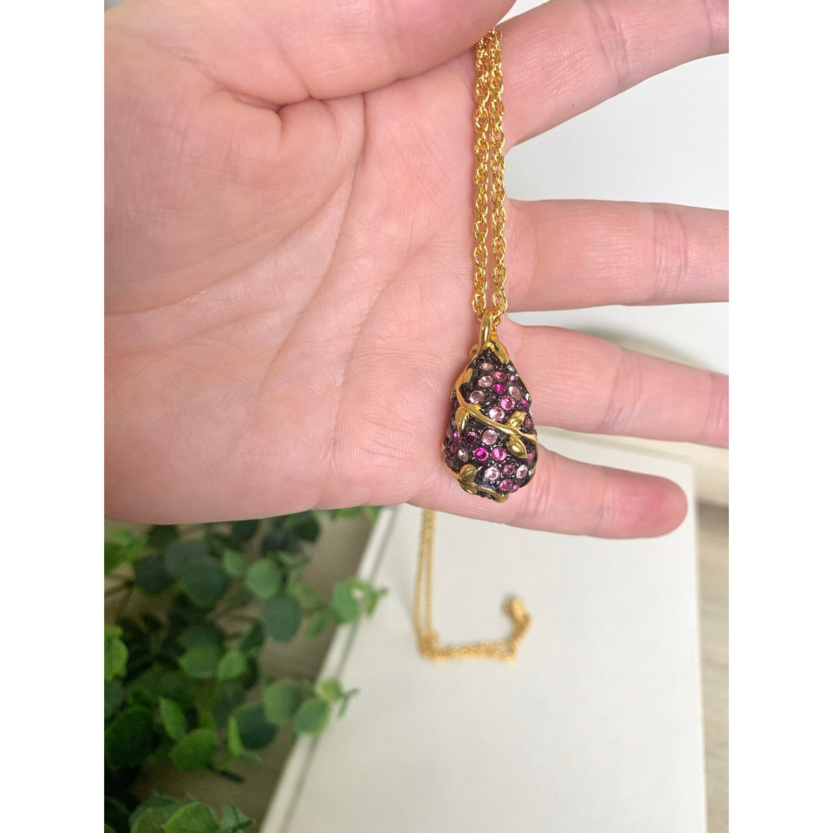 Vintage Joan Rivers Pink Purple Pendant Necklace Pave Rhinestone Gold Tone Romantic Glam