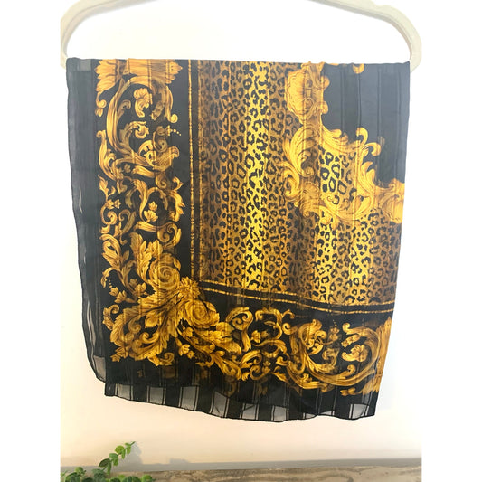 Vintage Kathie Lee Italy Scarf Baroque Leopard Print Black Gold Sheer Square Glam