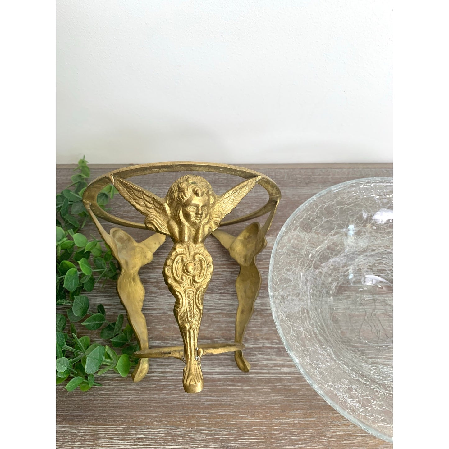 Vintage Brass Pedestal with Crackle Glass Bowl Angel Cherub Candle Votive Vase