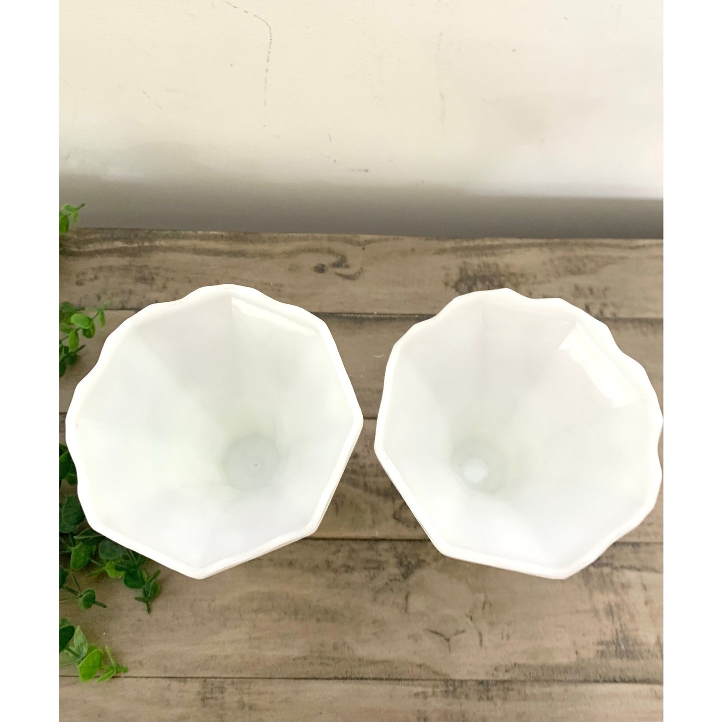 Anchor Hocking Vintage Pair White Milk Glass Grape Vine Pedestal Vases Cottage