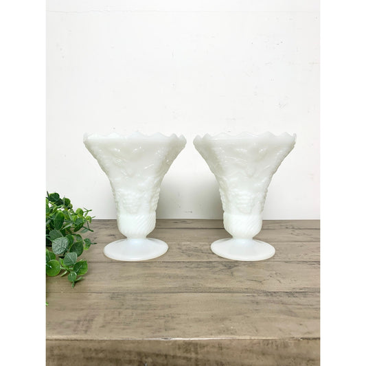 Anchor Hocking Vintage Pair White Milk Glass Grape Vine Pedestal Vases Cottage
