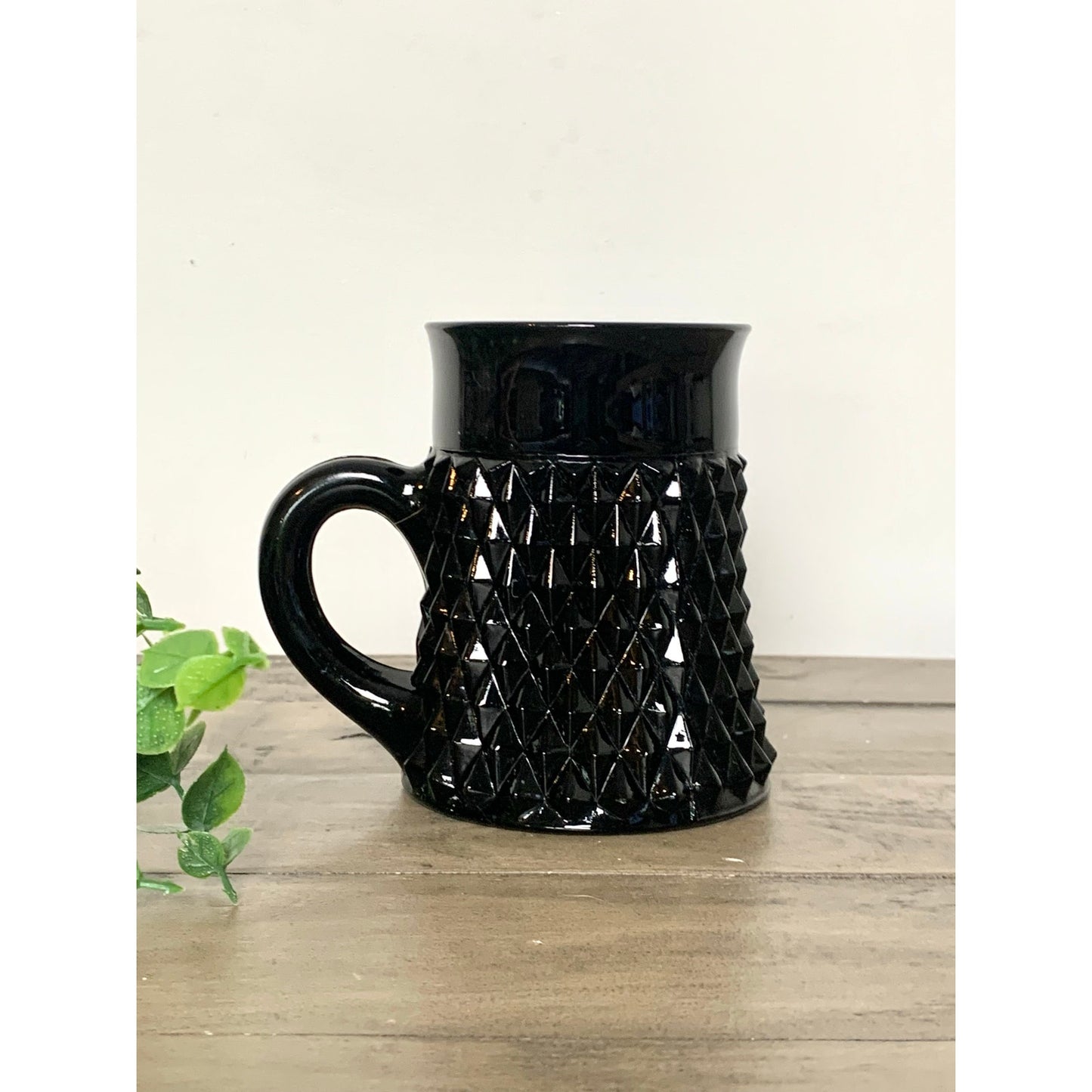 Vintage Indiana Glass Tiara Black Glass Mug with Diamond Point Mid Century Modern Coffee Cup Retro