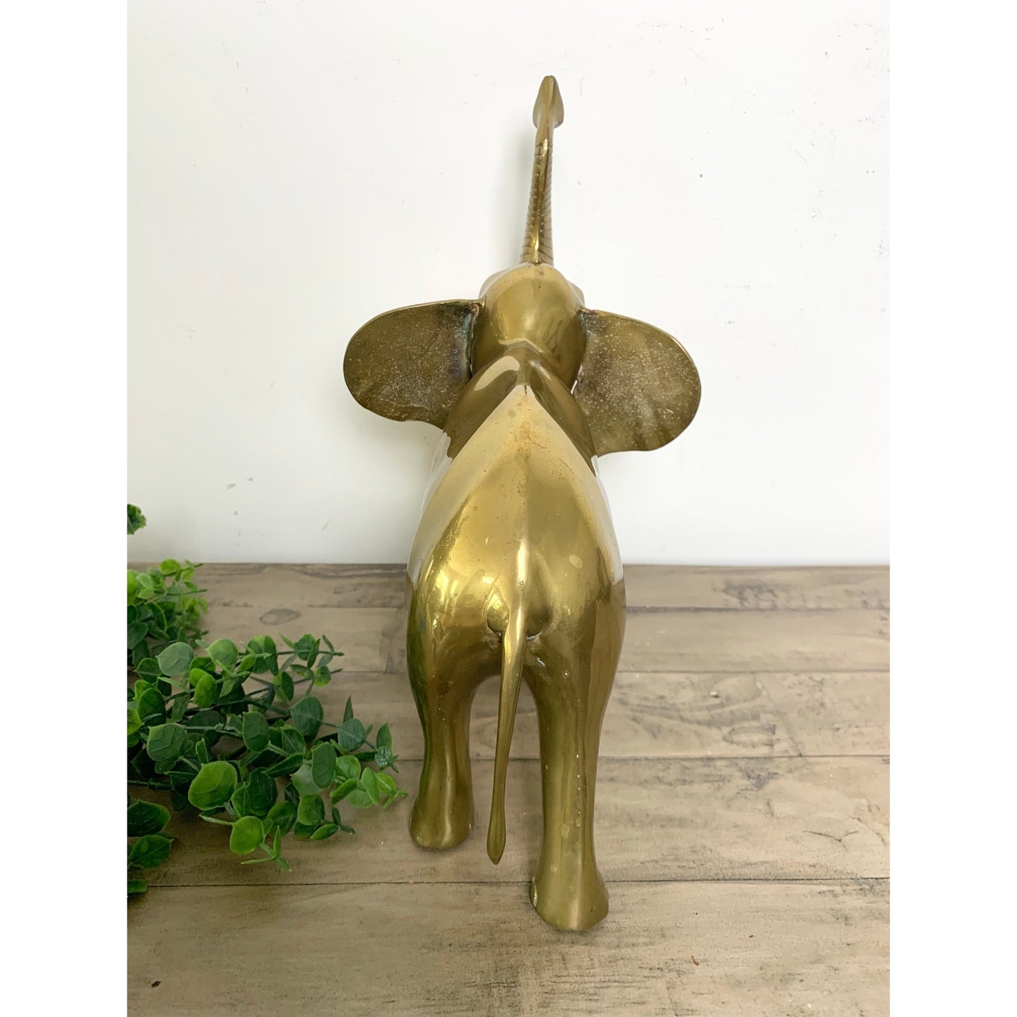 Vintage Solid Brass Elephant Statue with Raised Trunk Mid Century Animal Figure