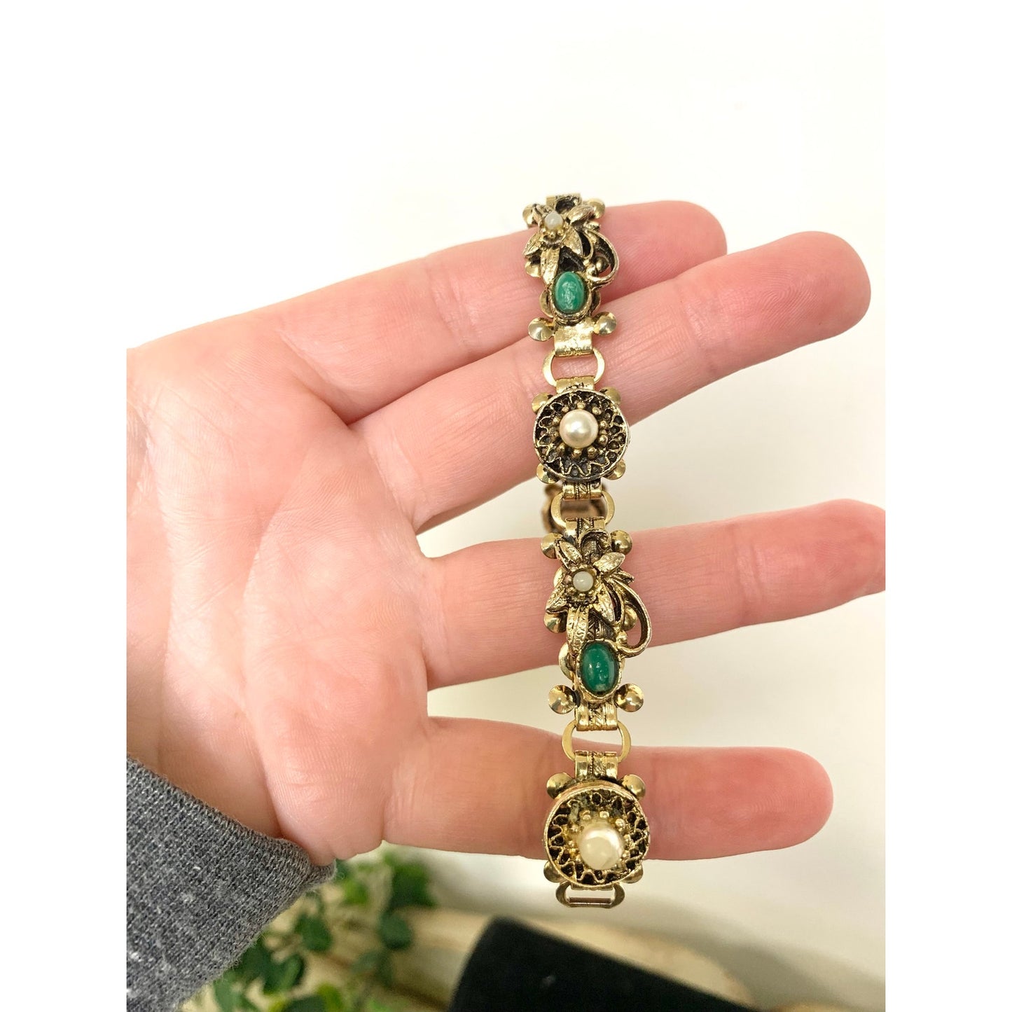 Vintage Victorian Revival Bracelet Goldtone Floral Link Faux Pearl Green Cabochon