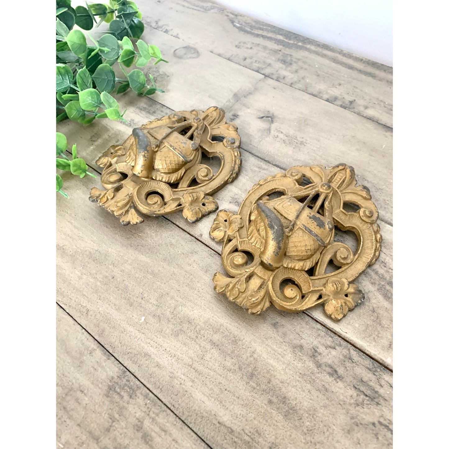 Antique French Revival Furniture Mounts Ornate Architectural Crest Pair Wall Decals
