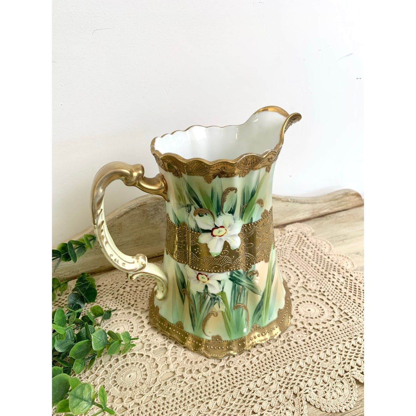 Antique Hand Painted Nippon Porcelain Pitcher Vase Floral Gold Romantic Cottage