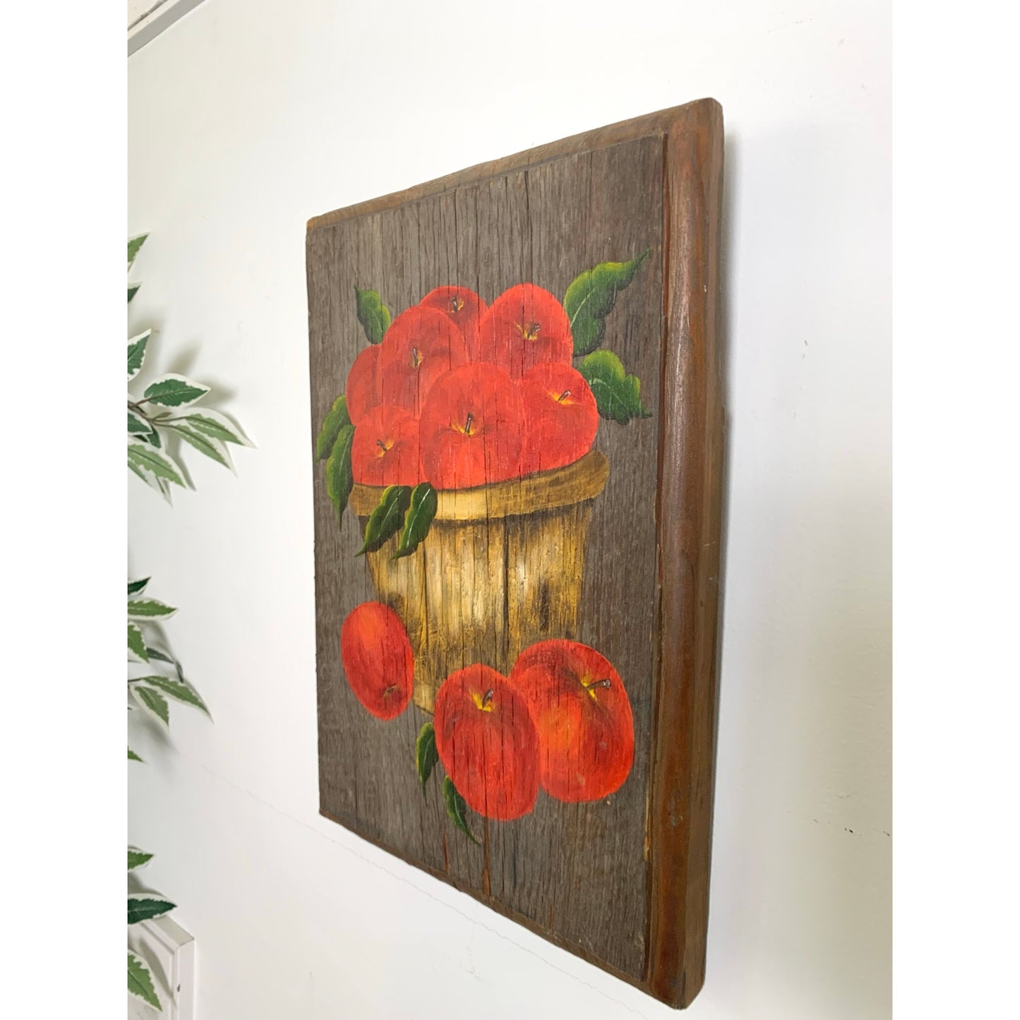 Vintage 1971 Hand-Painted Wooden Painting Apples in Basket Rustic Farmhouse Art