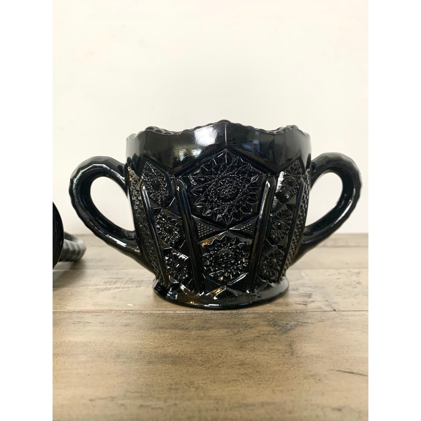 Vintage Tiara Indiana Glass Black Daisy Monarch Creamer and Sugar Set – Pressed Glass Mid Century Barware
