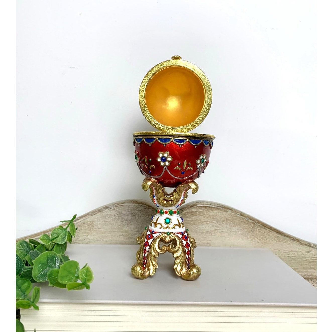 Vintage Faberge Style Red Enamel Egg Trinket Box Jeweled Pedestal Jewelry Box