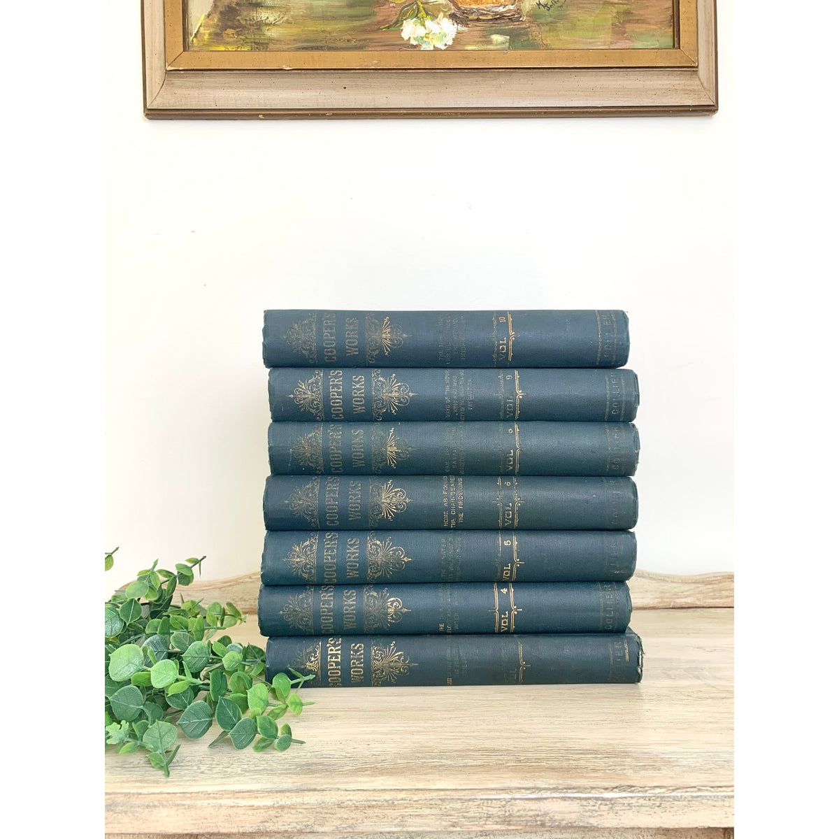 Antique 1891 James Fenimore Cooper Works Seven Volume Blue Gilt Book Set