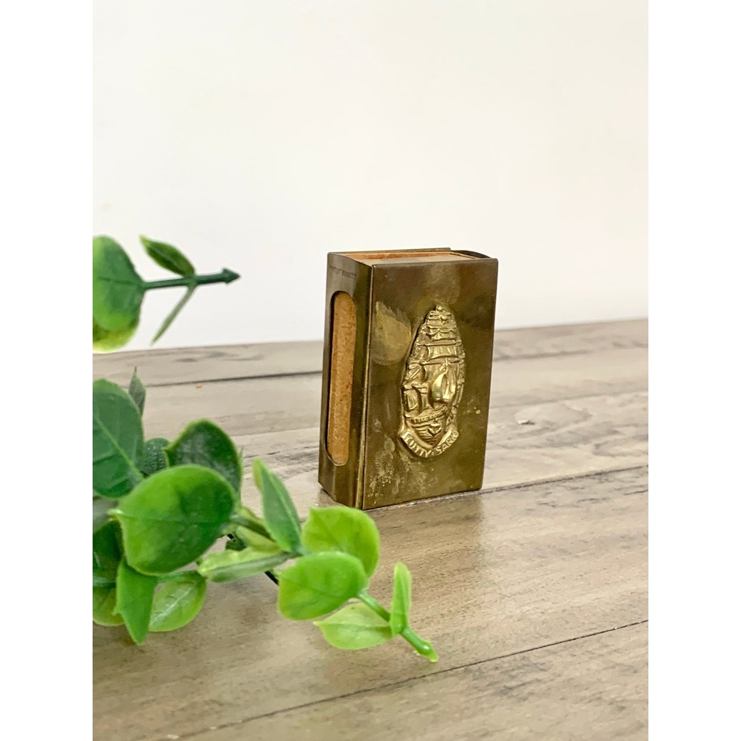 Vintage Brass Match Holder with Cutty Sark Emblem Nautical Maritime Match Cover