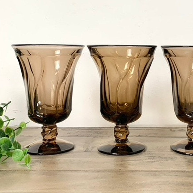 Vintage Fostoria Jamestown Brown Smokey Swirl Goblets Glasses Set of 4 Mid Century
