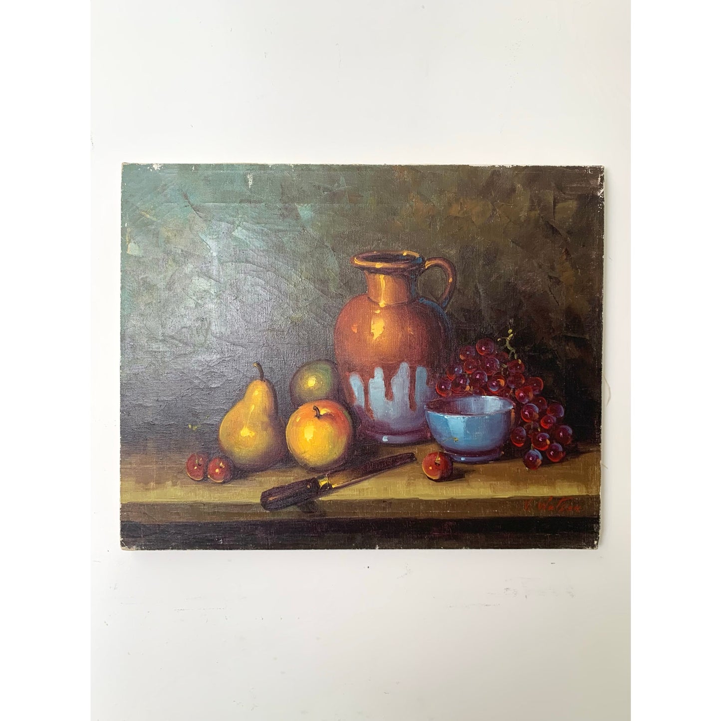 Vintage Still Life Oil Painting on Canvas Signed V Watson Rustic Fruit Art Moody
