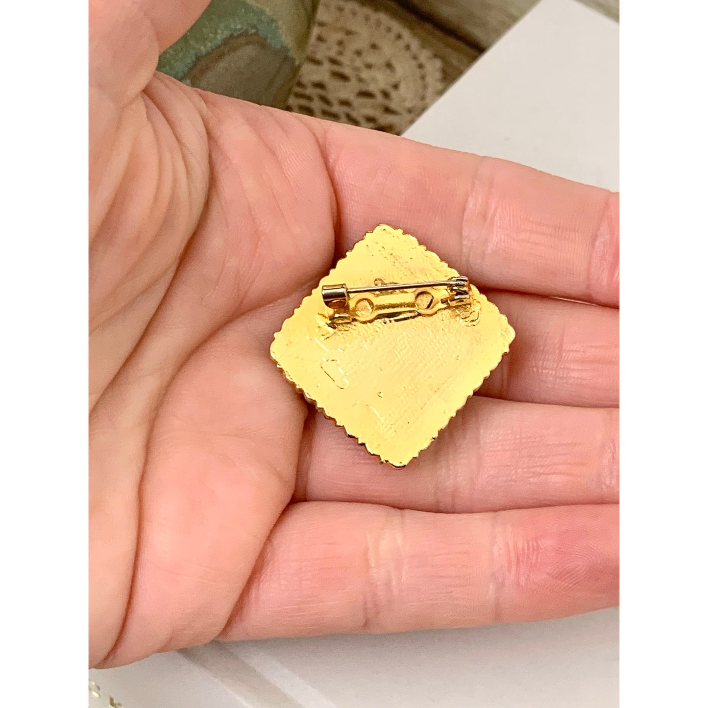 Bold Faceted Black Glass Brooch in Textured Gold Tone Frame Square Statement Pin Elegant