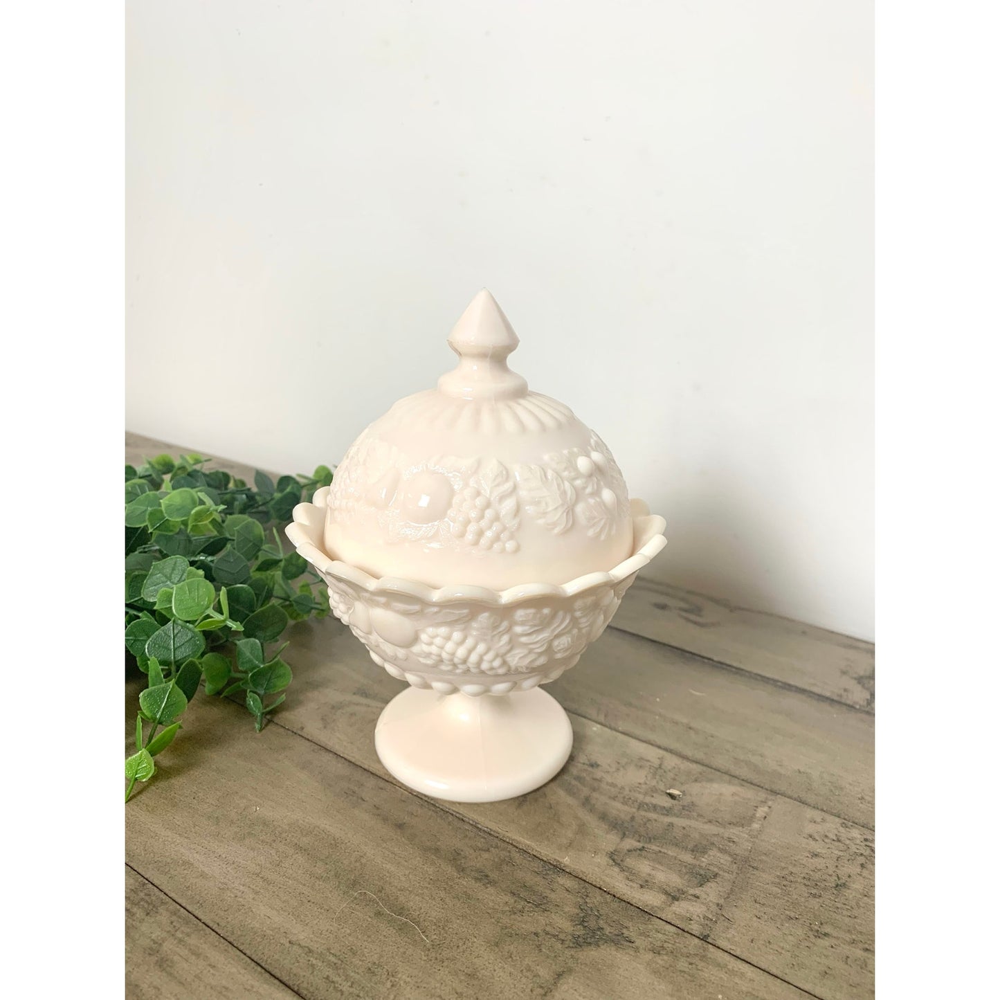 Vintage Westmorland Pink Milk Glass Covered Compote Fruit Motif Pedestal Dish Feminine Romantic Retro Shabby Cottage MCM