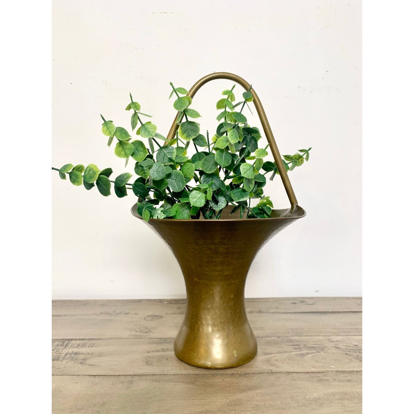 Vintage Hammered Brass Basket Vase Planter Mid Century Patina Brass Vessel