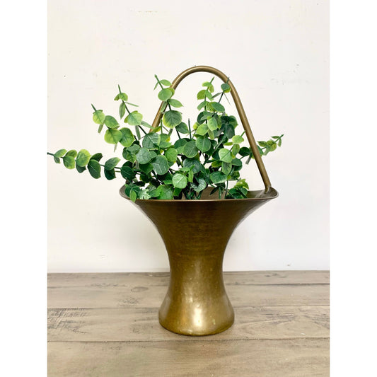 Vintage Hammered Brass Basket Vase Planter Mid Century Patina Brass Vessel