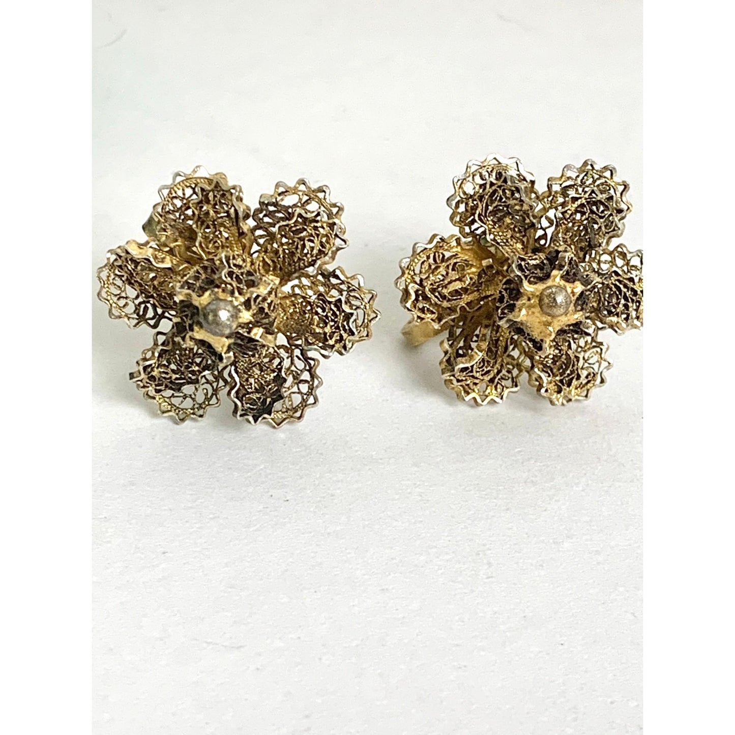 Vintage Goldtone Filigree Flower Screw Back Earrings Mid Century Romantic Feminine