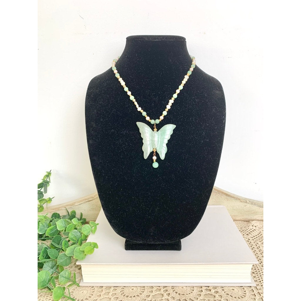 Vintage Jade Butterfly Pendant Necklace Pearl Beaded Green Stone Statement