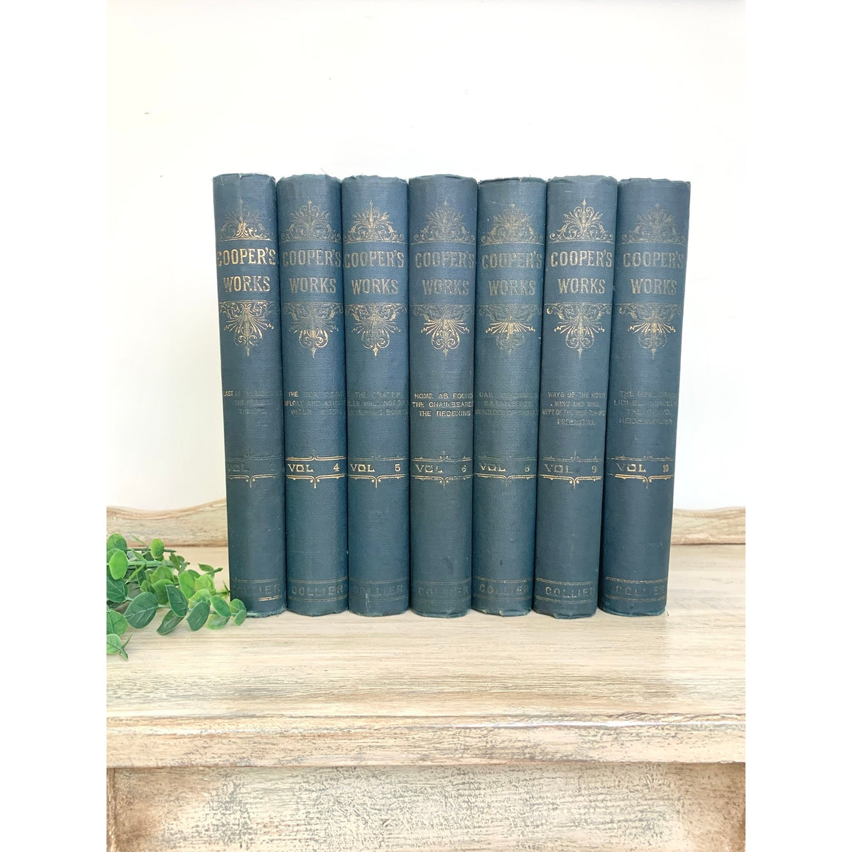 Antique 1891 James Fenimore Cooper Works Seven Volume Blue Gilt Book Set