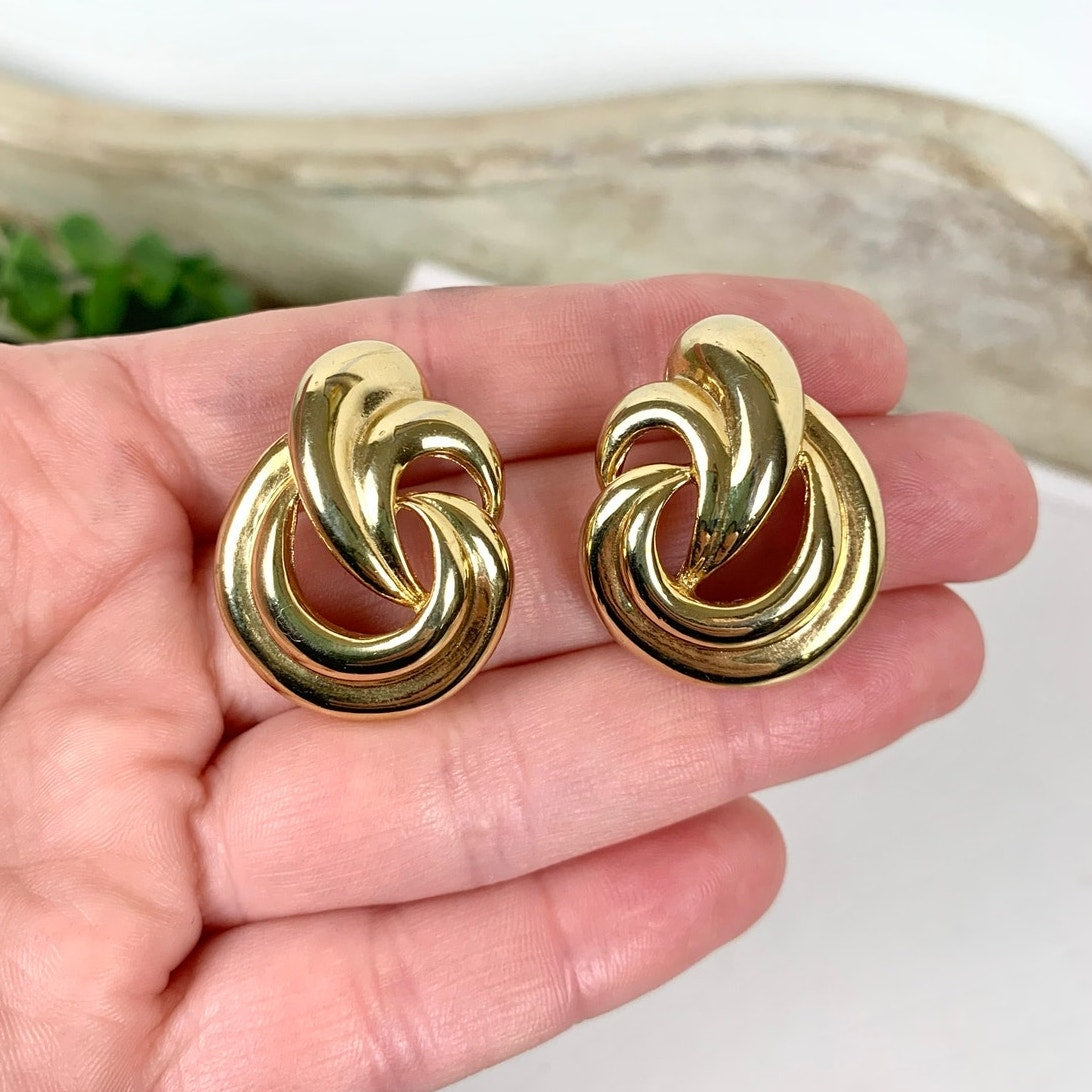 Vintage Goldtone Earrings Chunky Post Back Statement Jewelry 1980s Style Glam