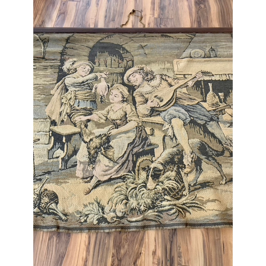 Antique French Renaissance Revival Tapestry Wall Hanging Romantic Courtship Scene