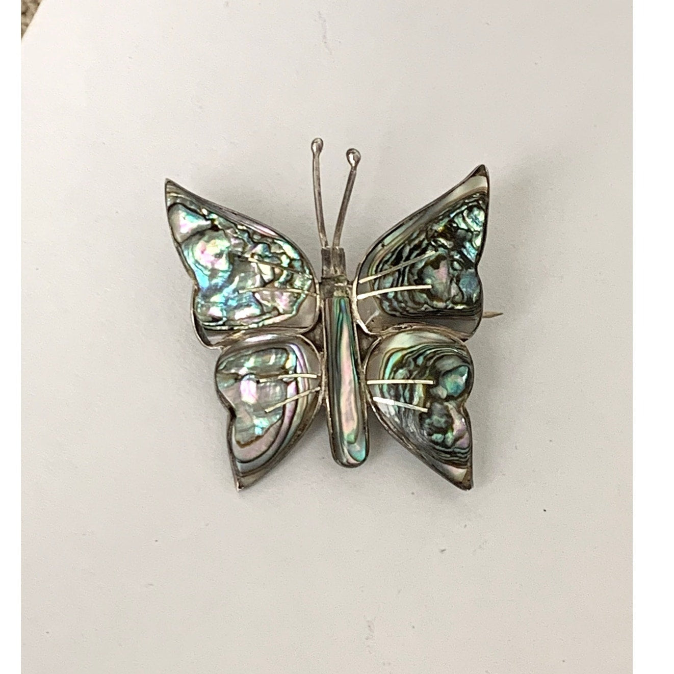 Vintage Mexico Sterling Silver Abalone Butterfly Brooch Iridescent Shell Pin
