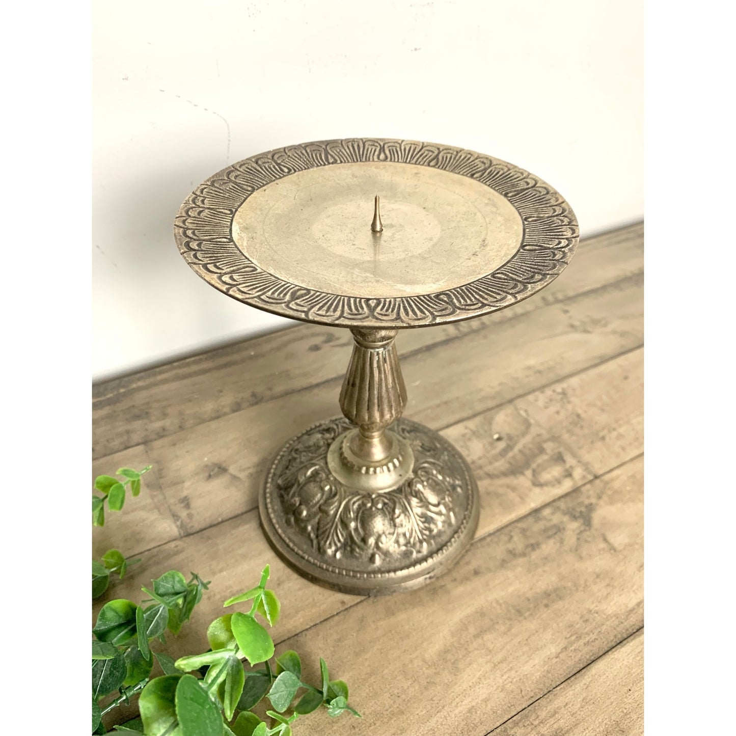 Vintage Ornate Metal Pedestal Candle Holder Pillar Stand with Floral Design