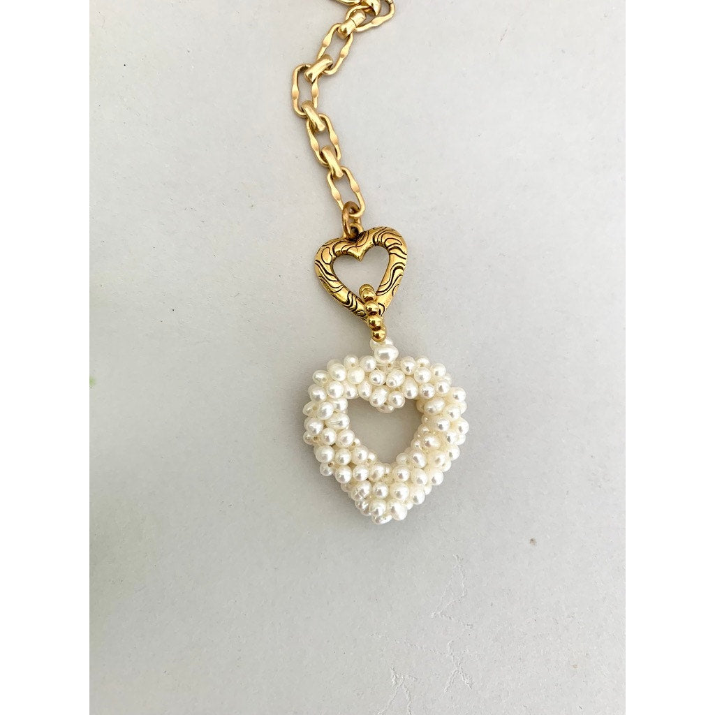 Beaded Pearl Heart Charm Gold Tone Toggle Extender Purse Keychain Romantic Jewelry