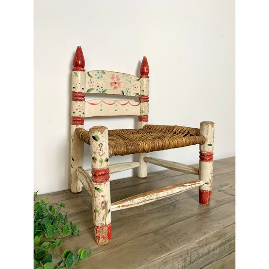 Vintage Hand-Painted Folk Art Child’s Chair – Plant Stand Rustic Cottagecore Shabby Farmhouse