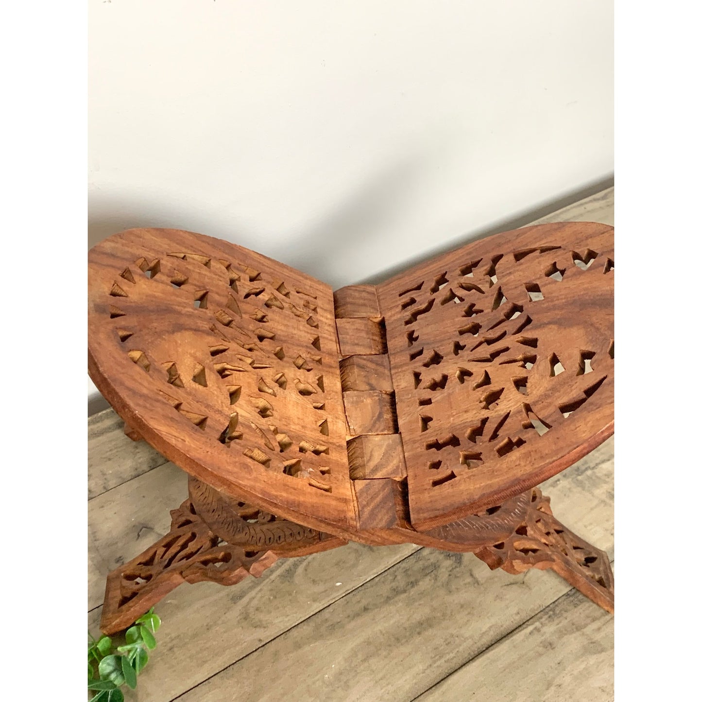 Vintage Hand Carved Wooden Book Stand Folding Ornate Cookbook Holder Mid Century
