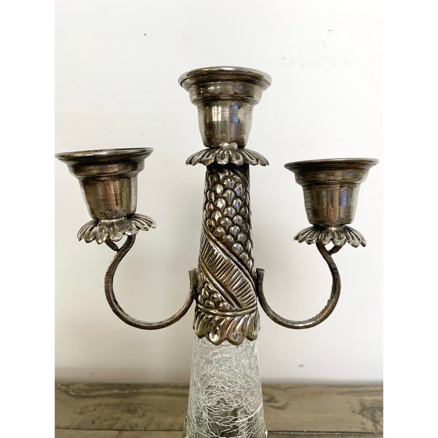 Vintage Ornate Silver Tone Candelabra Crackle Glass Stem Three Arm Candle Holder