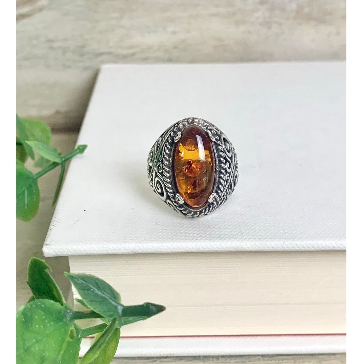 Vintage Sterling Silver Amber Ring Ornate Filigree Statement Jewelry 925 Boho Southwestern