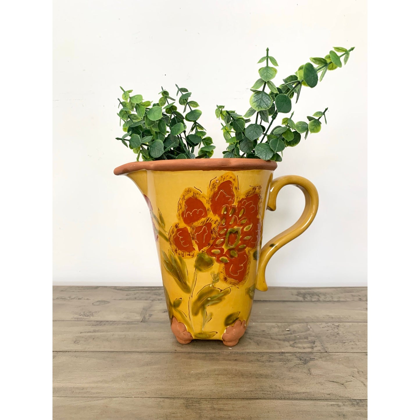 Vintage Tapestry by Nanette Vacher Floral Pitcher Pottery Vase Hand Painted Terracotta