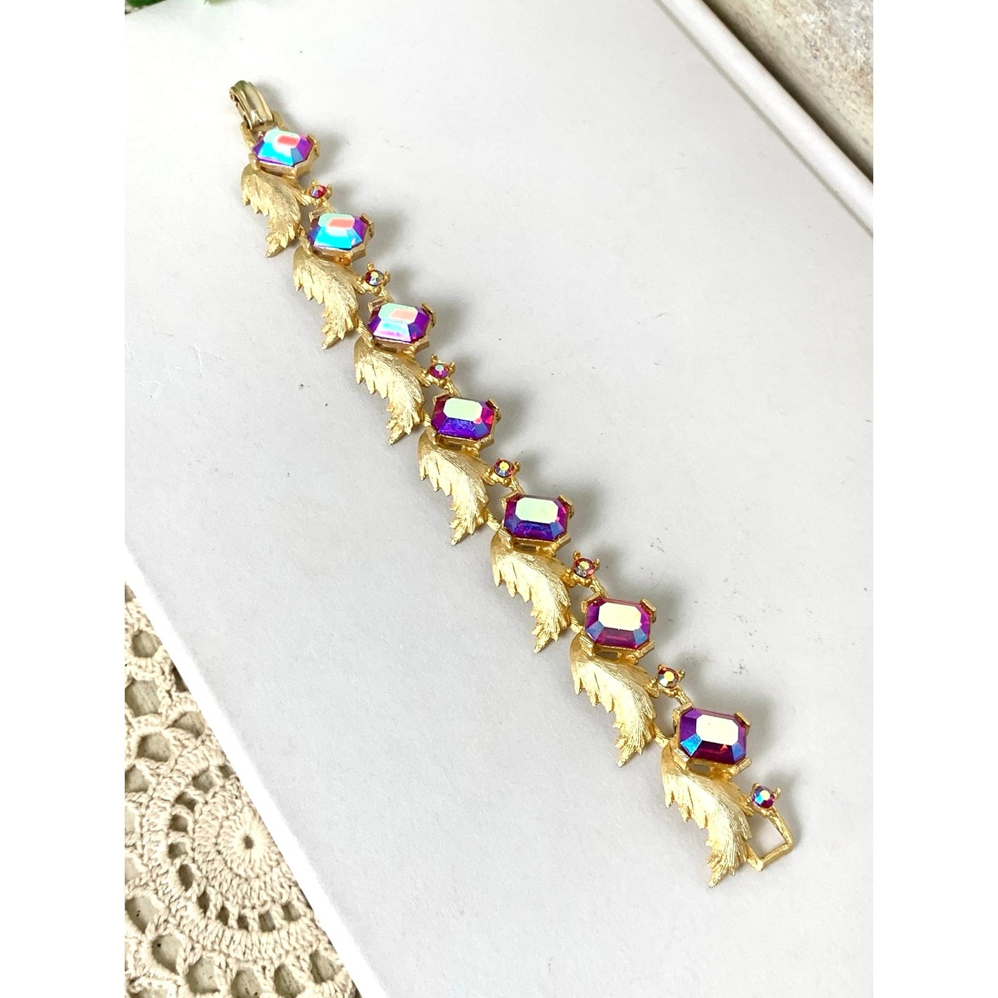 Vintage Pink Aurora Borealis Rhinestone Bracelet Gold Leaf Statement Jewelry Glam