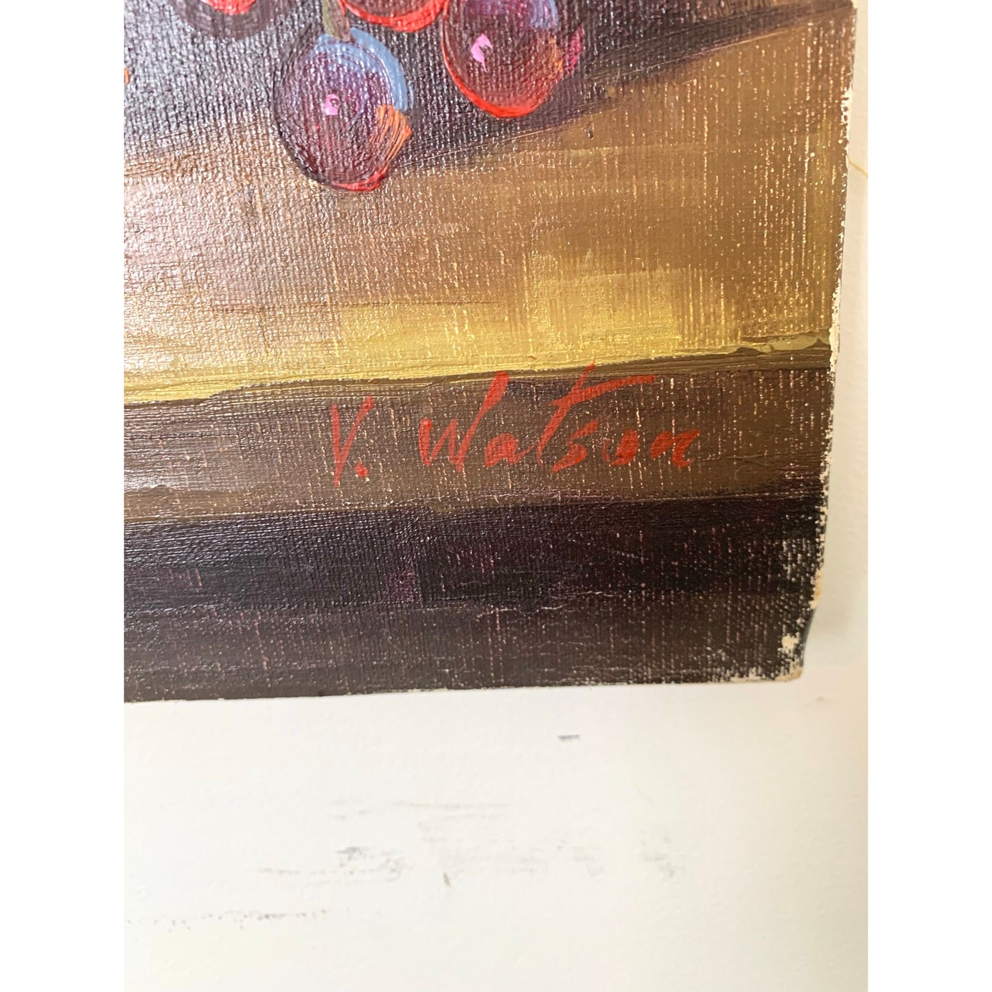Vintage Still Life Oil Painting on Canvas Signed V Watson Rustic Fruit Art Moody