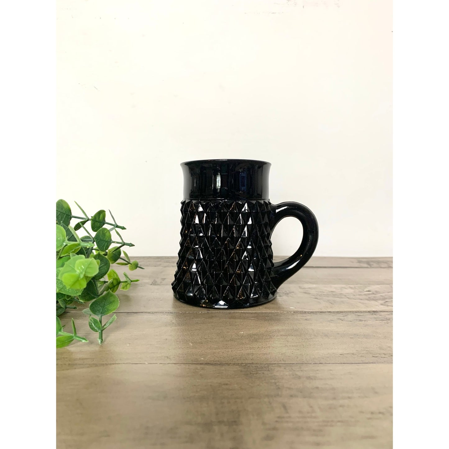 Vintage Indiana Glass Tiara Black Glass Mug with Diamond Point Mid Century Modern Coffee Cup Retro