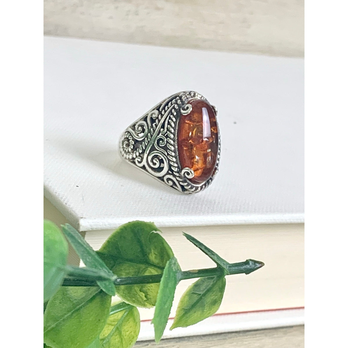 Vintage Sterling Silver Amber Ring Ornate Filigree Statement Jewelry 925 Boho Southwestern