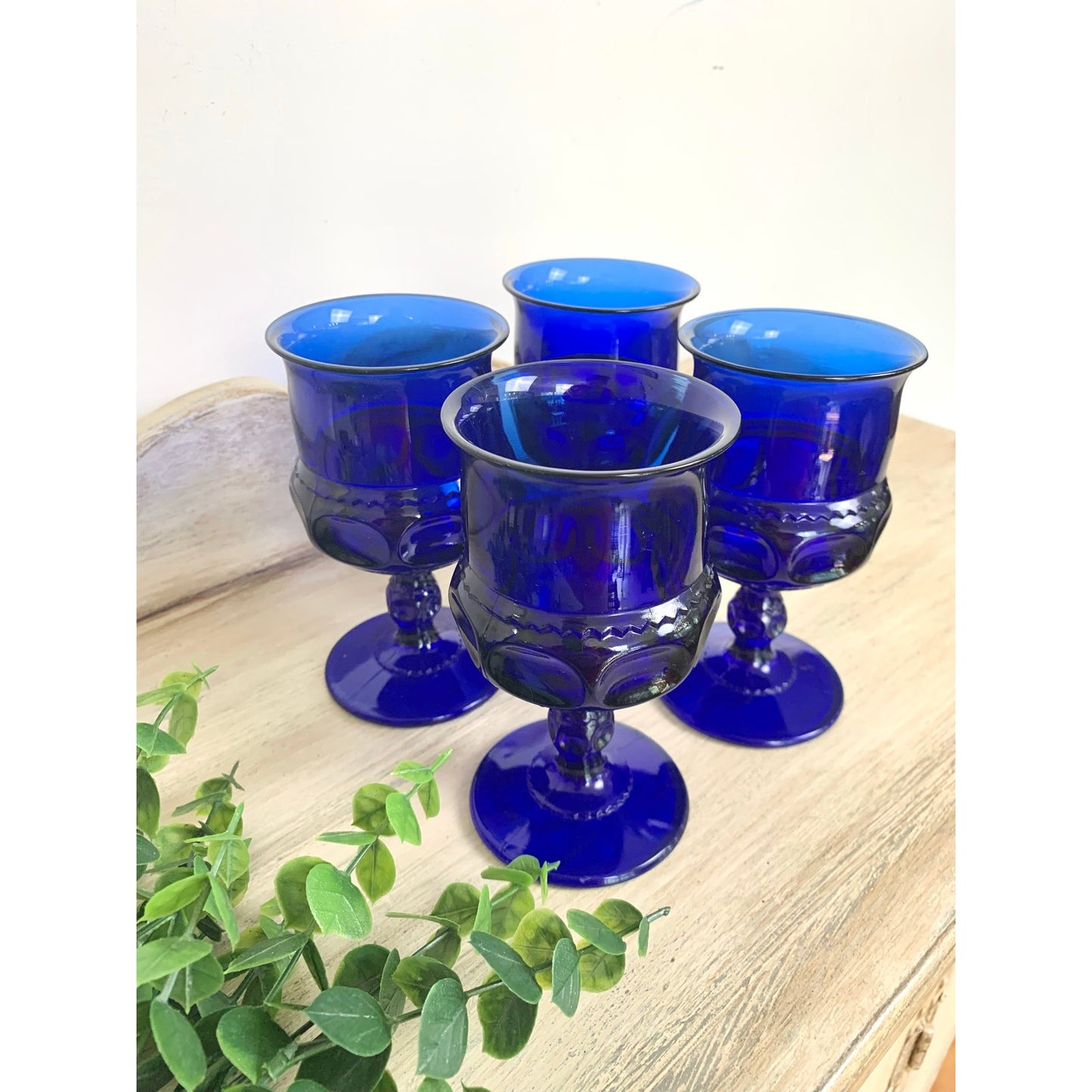 Vintage Indiana Glass Kings Crown Cobalt Blue Goblets Set of 4 Wine Glasses Mid Century