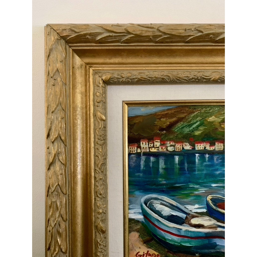 Mediterranean Oil Painting with Boats Signed & Framed