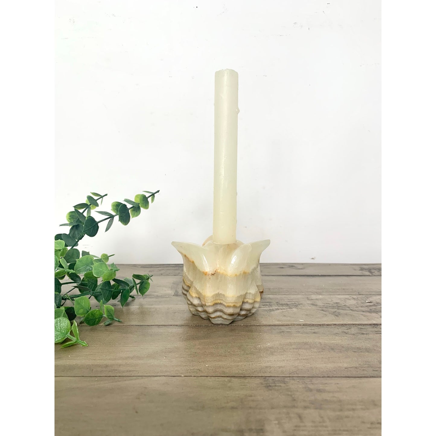 Vintage Onyx Stone Candle Holder Carved Marble Style Taper Holder Floral Earthy
