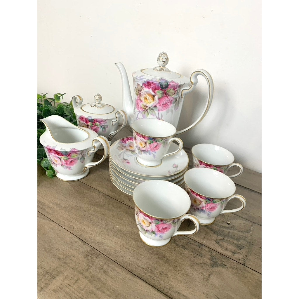 Vintage Noritake China Tea Coffee Serving Set Maruki “M” Backstamp, Pink Rose Pattern