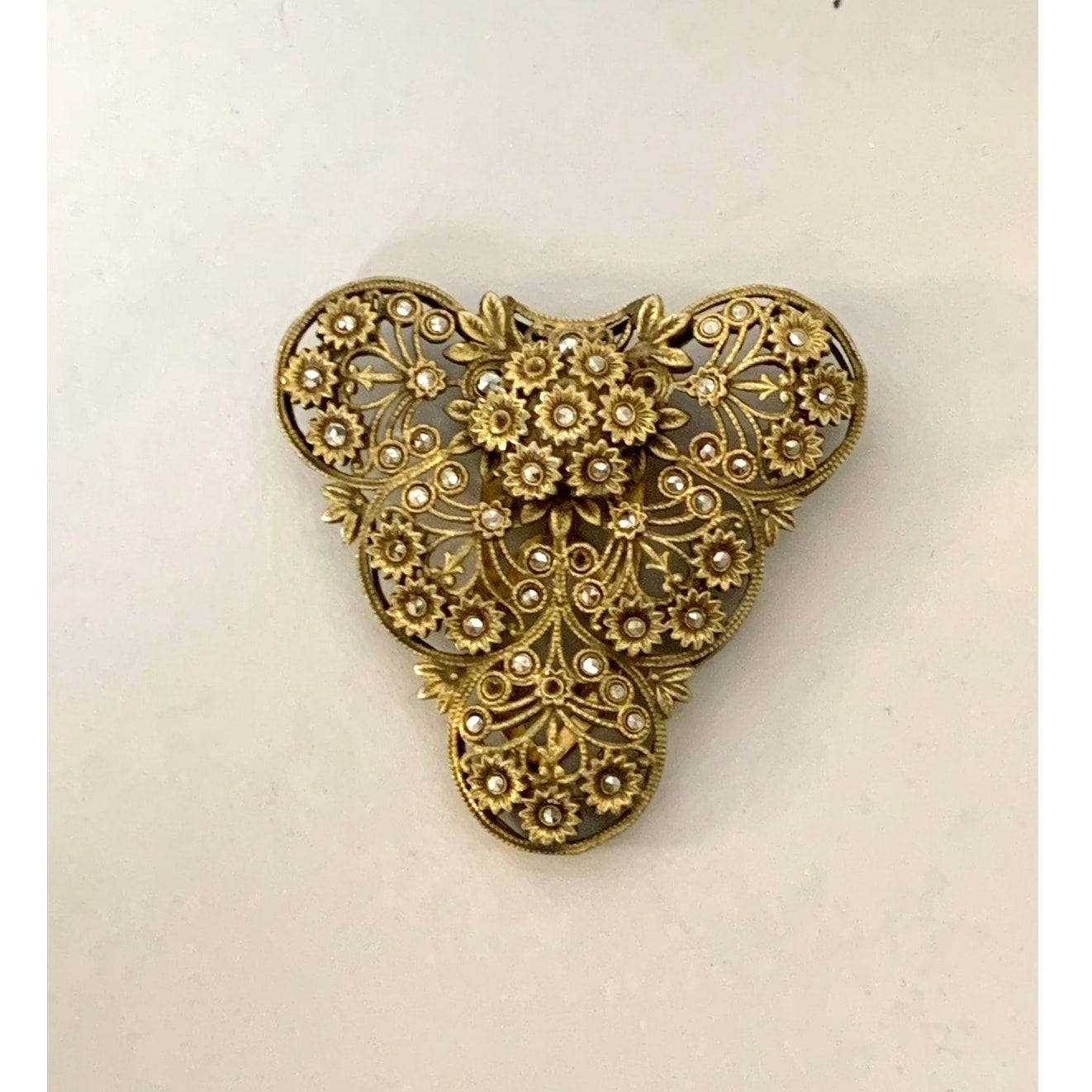 Antique 1920s Goldtone Filigree Dress Clip Marcasite Floral Art Deco Jewelry Scarf Clip