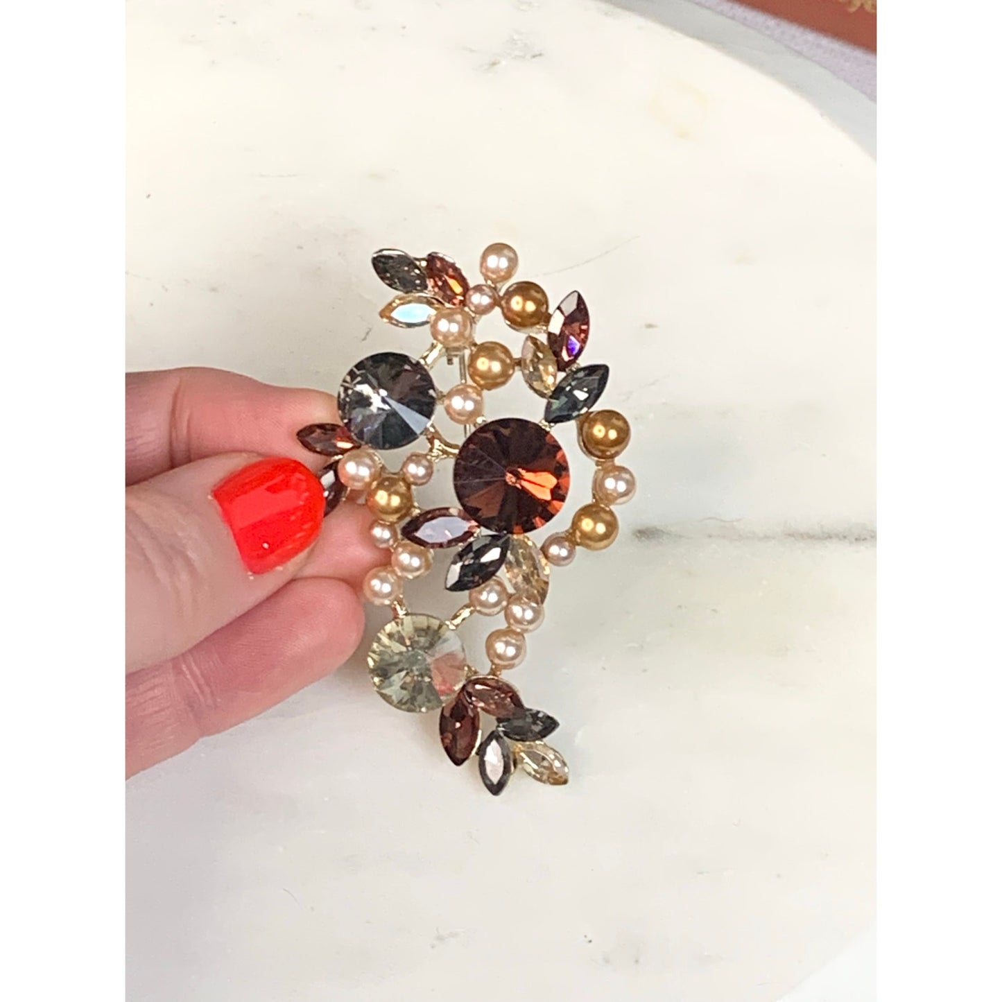 Romantic Rhinestone and Faux Pearl Brooch Multicolor Glass Statement Pin