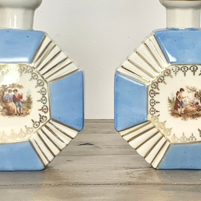 Antique Bavaria Porcelain Perfume Bottles Set of 2 Blue Gold Courting Scene Vintage Vanity Edwardian Art Deco Regency