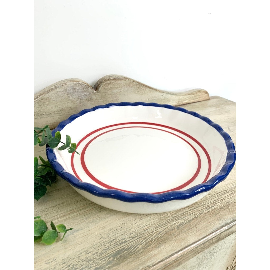 Sonoma Nantucket Pie Dish Red White Blue Ceramic Baking Dish Americana Decor